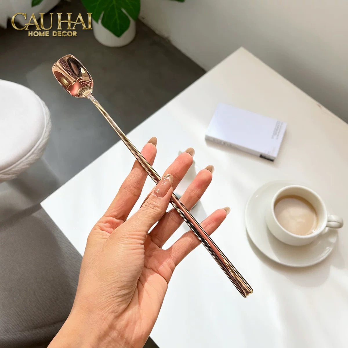 Set Muỗng Dài Thìa Coffee Silver Golden Square Head Coffee Spoon Set 4pcs. 2.2x19.5cm-Dinner Cutlery Set Dao Muỗng Nĩa-CẬU HAI HOME DECOR