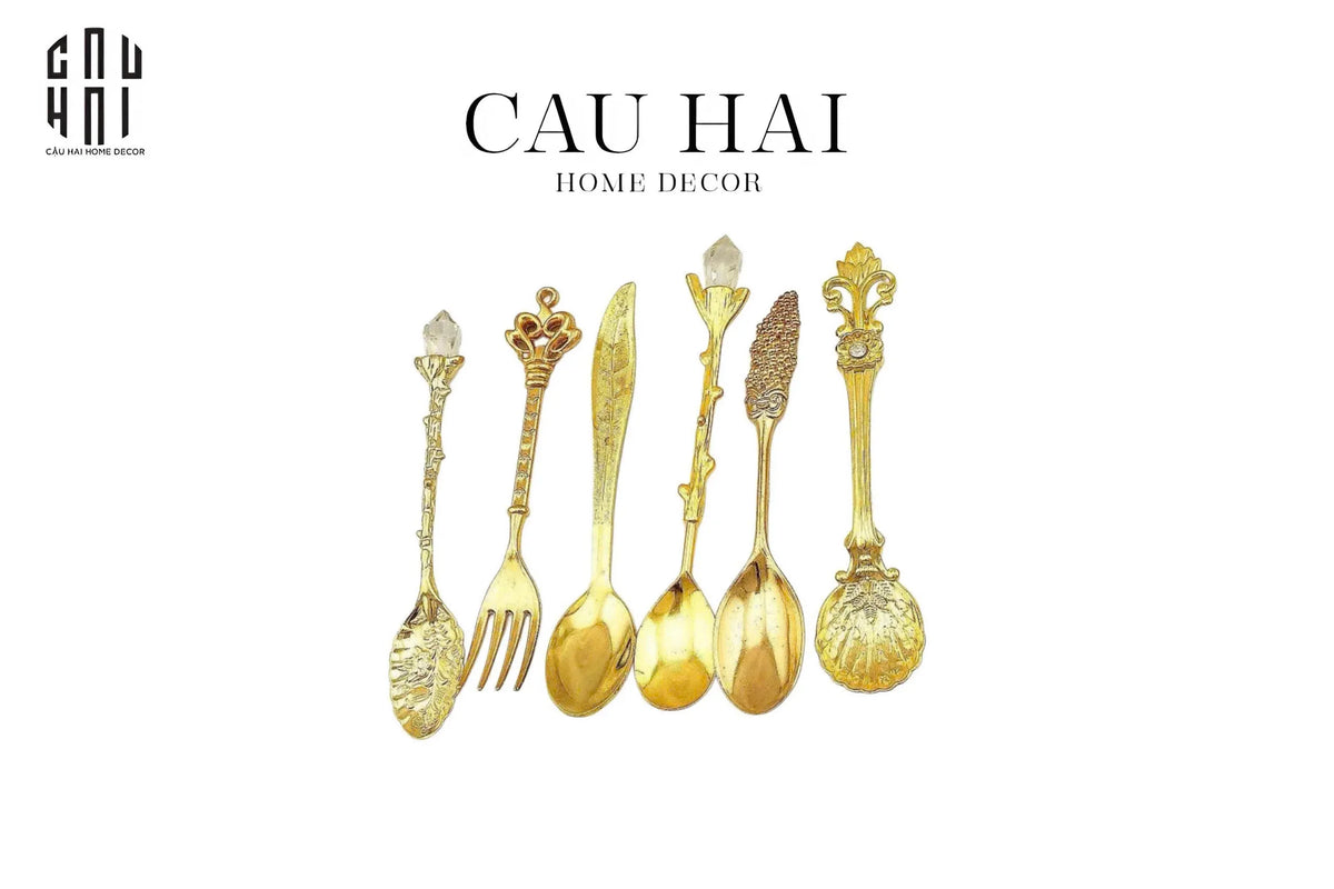 Set Muỗng Tráng Miệng - Gold Coffee Spoon Antique 6 Cái-Dinner Cutlery Set Dao Muỗng Nĩa-CẬU HAI HOME DECOR