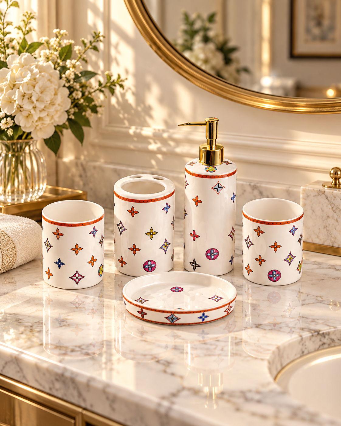 Set nhà tắm gốm sứ 5 món Monogram Coloré D'Or trong không gian sang trọng