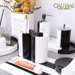 Set Nhà Tắm Đá Marble Trắng Đen Bản Đặc Biệt - Monolith Noir & Ivoire Oval Tray - Bathroom Vanities 4pcs-CẬU HAI HOME DECOR