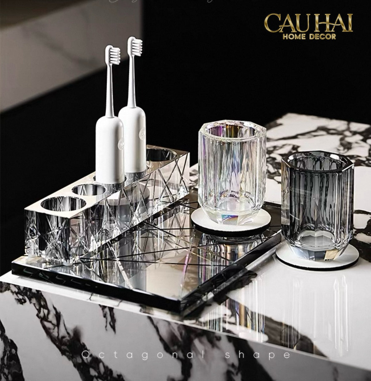 Set Nhà Tắm Pha Lê Pure Cristalleries Cannage Facetté Bathroom Vanity Sets Lọ Bàn Chải 5 Slots-PHỤ KIỆN NHÀ TẮM-CẬU HAI HOME DECOR-CẬU HAI HOME DECOR