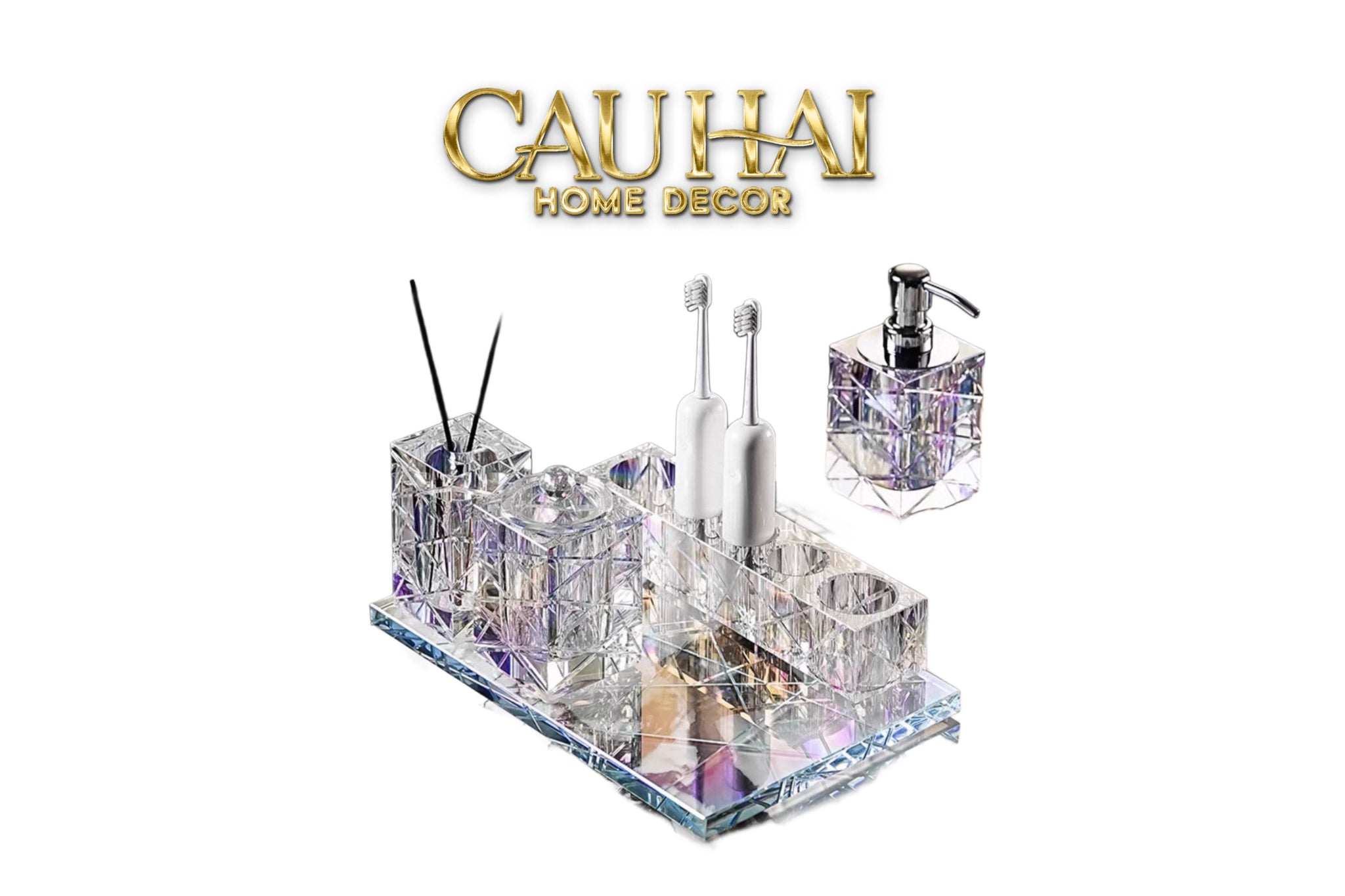 Set Nhà Tắm Pha Lê Pure Cristalleries Cannage Facetté Bathroom Vanity Sets Lọ Bàn Chải 5 Slots-CẬU HAI HOME DECOR
