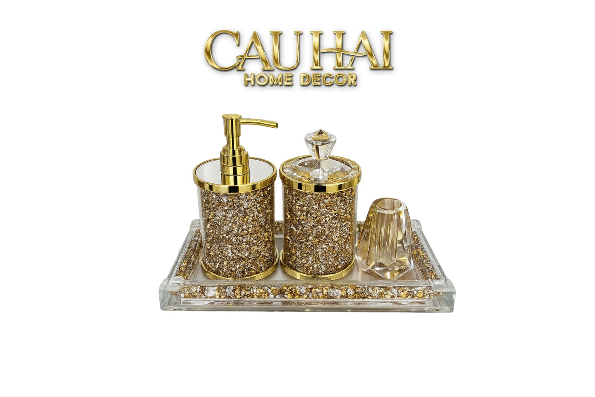 Set Phụ Kiện Nhà Tắm Pha Lê Pavé Gold Mirror Bathroom Vanity 4pcs-CẬU HAI HOME DECOR