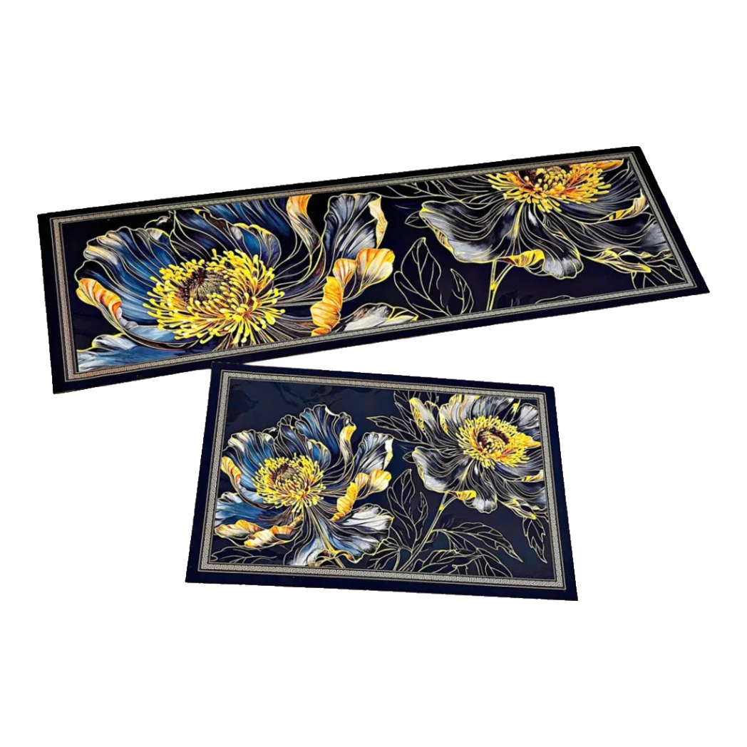 Set Thảm Bếp Microfiber 45x75/150 -  Hoa Mẫu Đơn - Golden Pivoine