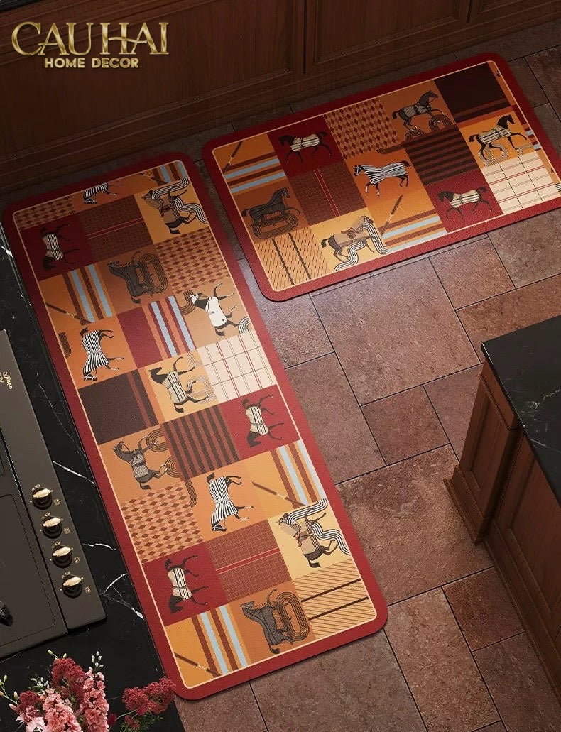 Set Thảm Bếp Microfiber 45x75/150 Patchwork Équestre Crimson Rouge-CẬU HAI HOME DECOR