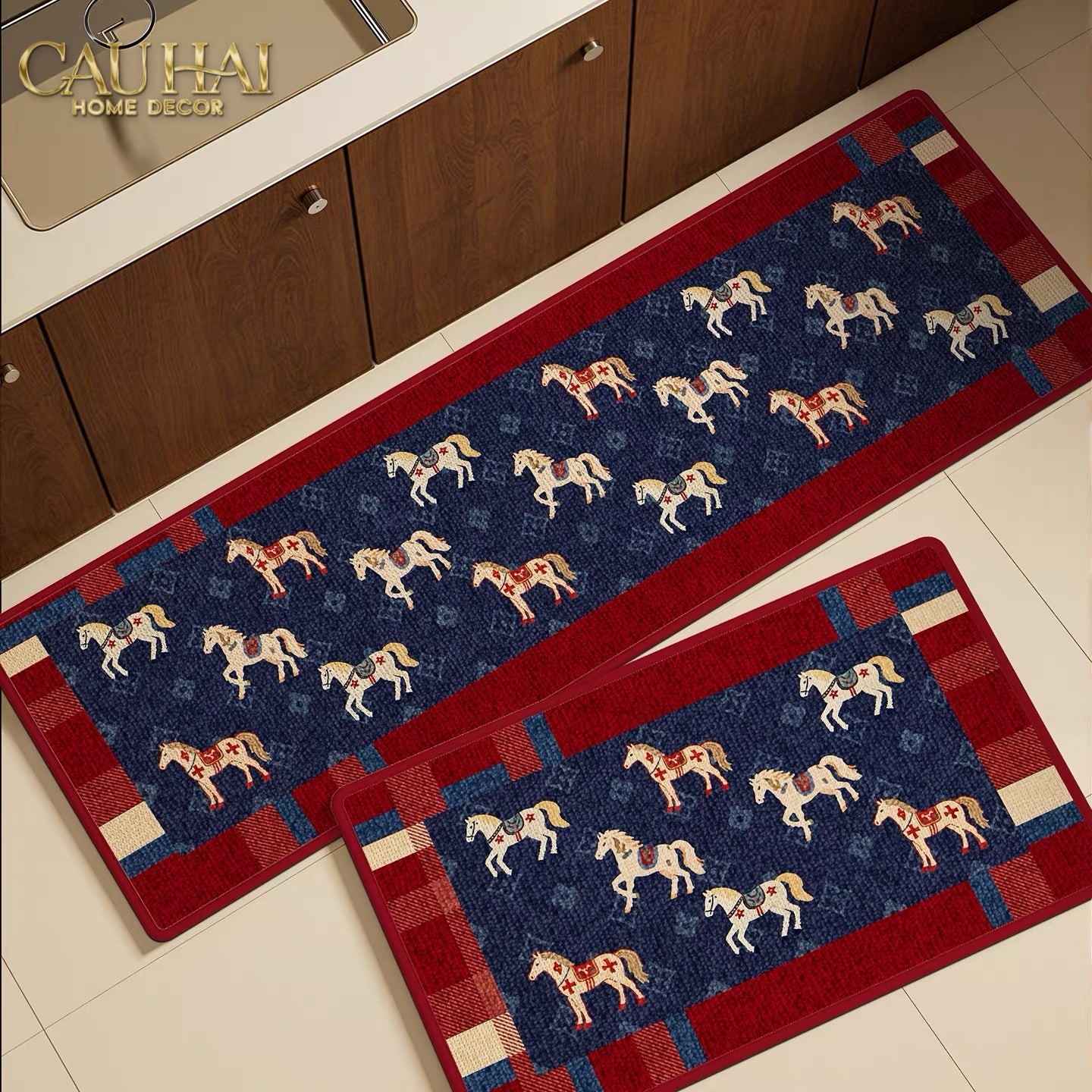 Set Thảm Bếp Sợi Dệt 45x75/150 Ngựa Hoàng Gia - Petite Équestre Royale Bleu Fleur de Monogram-CẬU HAI HOME DECOR