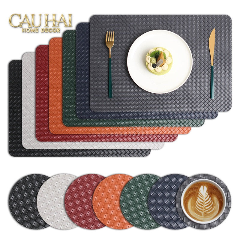Tấm Lót Bàn Ăn Da Đan Bản Màu Cam - Rouge Matte Intrecciato Leather Placemat 30x43 - Đỏ Mận-CẬU HAI HOME DECOR