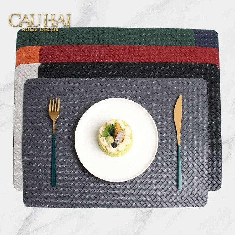 Tấm Lót Bàn Ăn Da Đan Bản Màu Cam - Rouge Matte Intrecciato Leather Placemat 30x43 - Đỏ Mận-CẬU HAI HOME DECOR