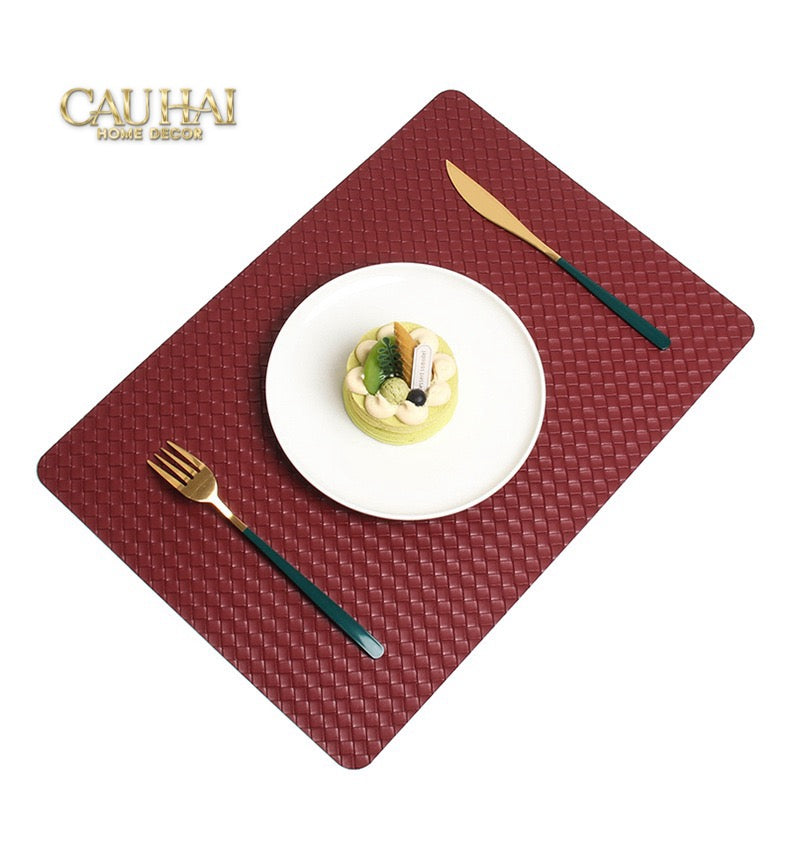 Tấm Lót Bàn Ăn Da Đan Bản Màu Cam - Rouge Matte Intrecciato Leather Placemat 30x43 - Đỏ Mận-CẬU HAI HOME DECOR