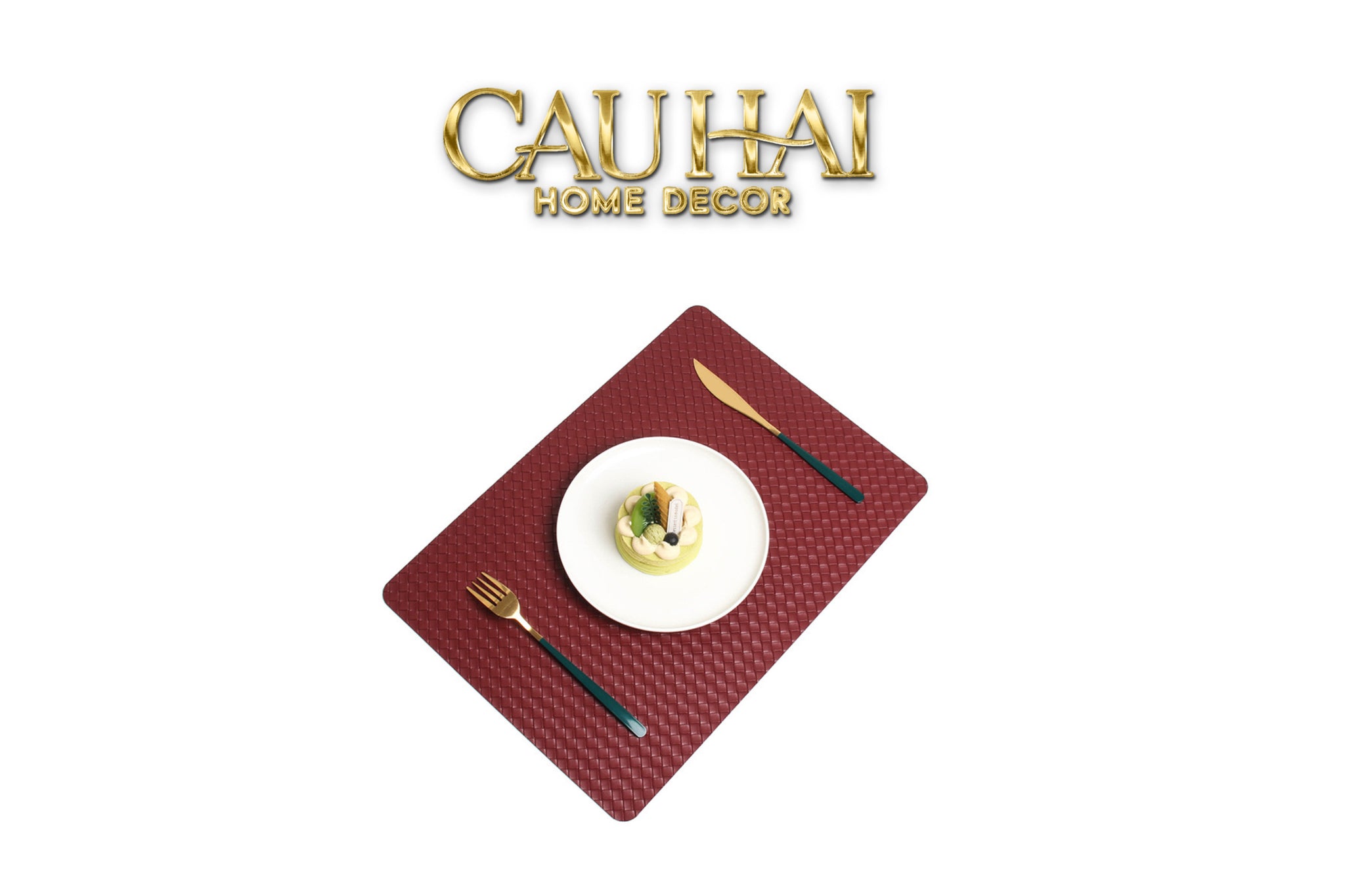 Tấm Lót Bàn Ăn Da Đan Bản Màu Cam - Rouge Matte Intrecciato Leather Placemat 30x43 - Đỏ Mận-CẬU HAI HOME DECOR