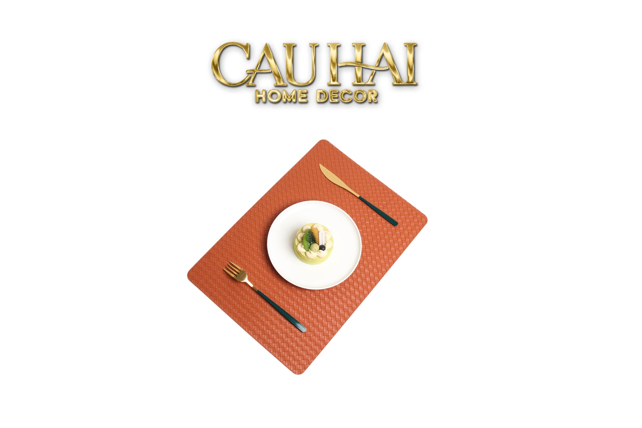Tấm Lót Bàn Ăn Da Đan Bản Màu Cam - Signature Sienna Intrecciato Leather Placemat 30x43 - Da Cam-CẬU HAI HOME DECOR