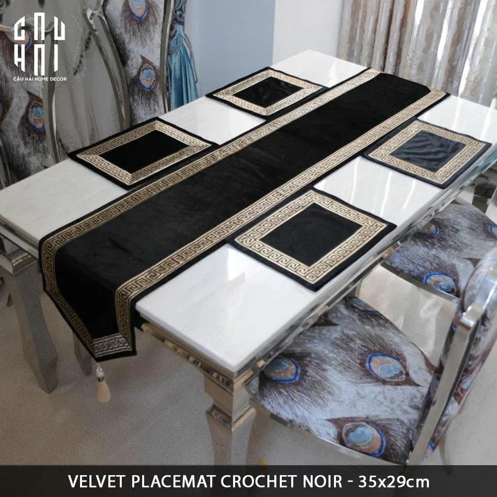 Tấm Lót Nhung Crochet - Velvet Placemat Crochet Noir-CẬU HAI HOME DECOR