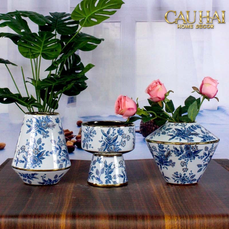 Tết Couture - Bộ Bình Hoa Indochine Thanh Hoa Cát Lợi Tường Hoà Indigo Porcelain Vases - CẬU HAI HOME DECOR