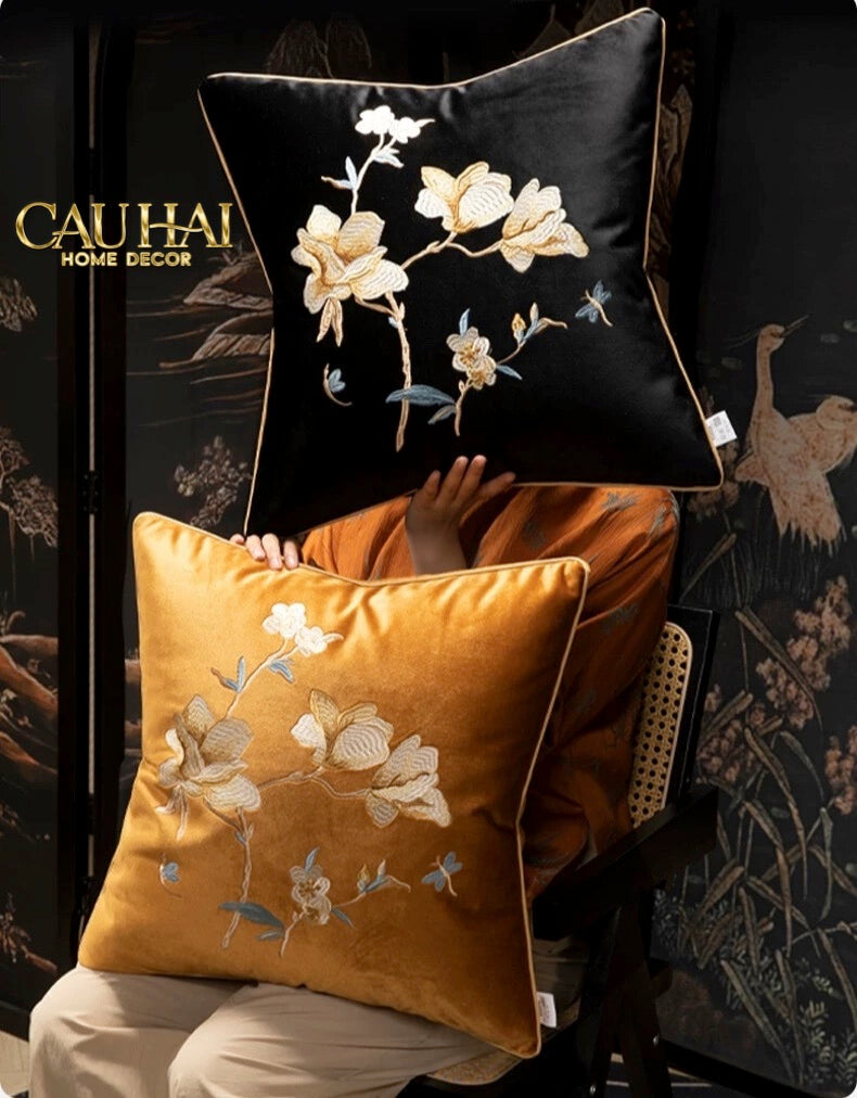 Tết Couture - Bộ Vỏ Gối Nhung Thêu Mộc Lan Ngự Hoa - CẬU HAI HOME DECOR