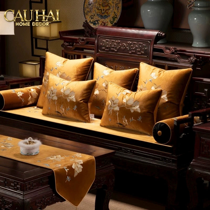 Tết Couture - Bộ Vỏ Gối Nhung Thêu Mộc Lan Ngự Hoa - CẬU HAI HOME DECOR