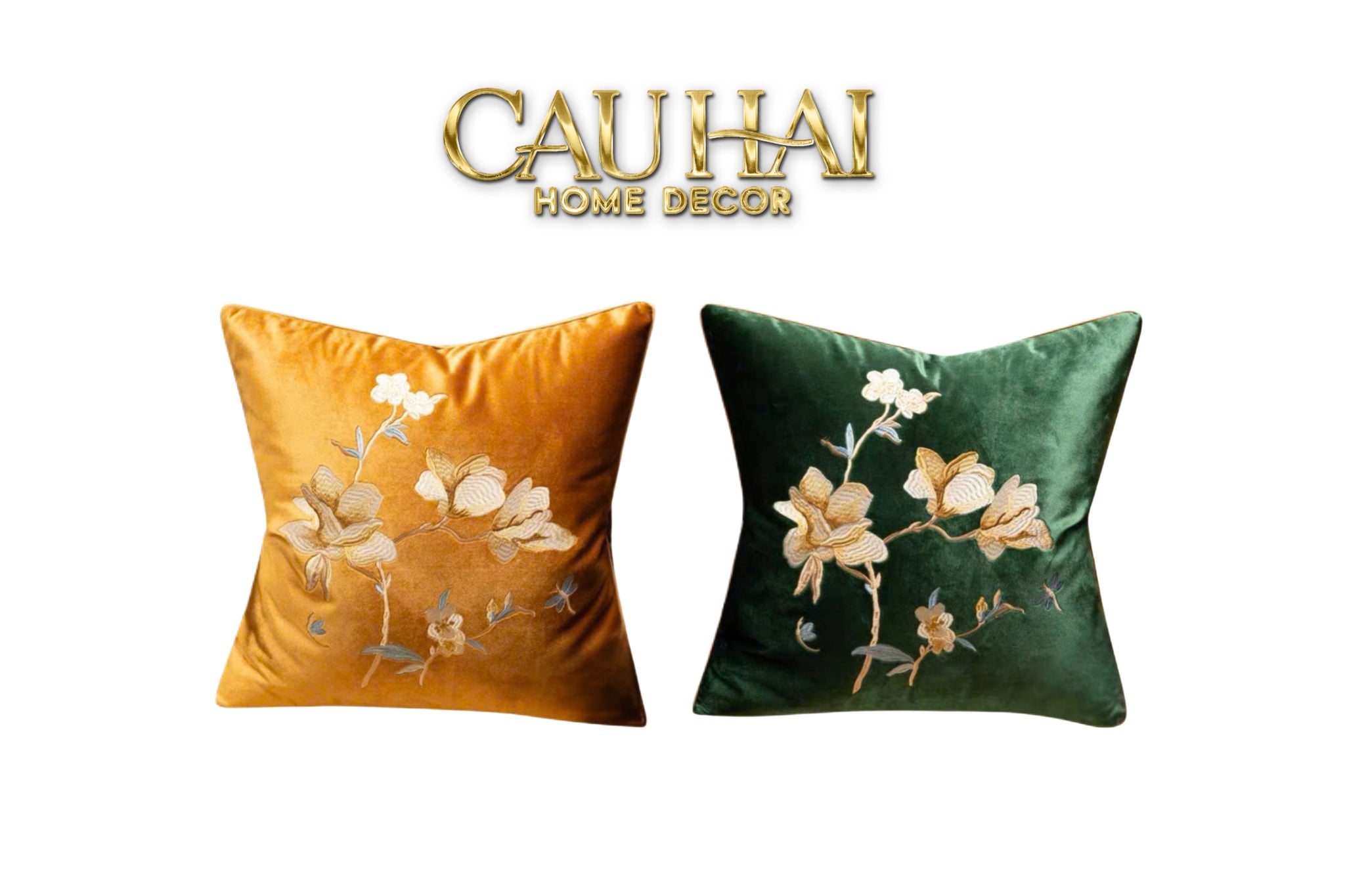 Tết Couture - Bộ Vỏ Gối Nhung Thêu Mộc Lan Ngự Hoa - CẬU HAI HOME DECOR