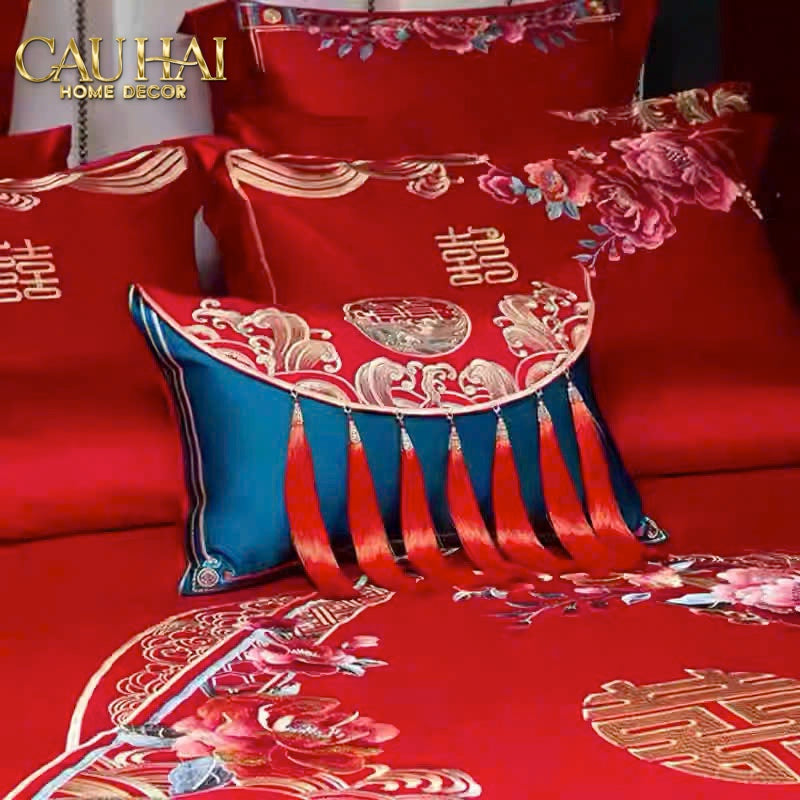 Tết Couture - Gối Lụa Thêu Cẩm Kim / Hỷ Triều Lưu 30x50 - CẬU HAI HOME DECOR