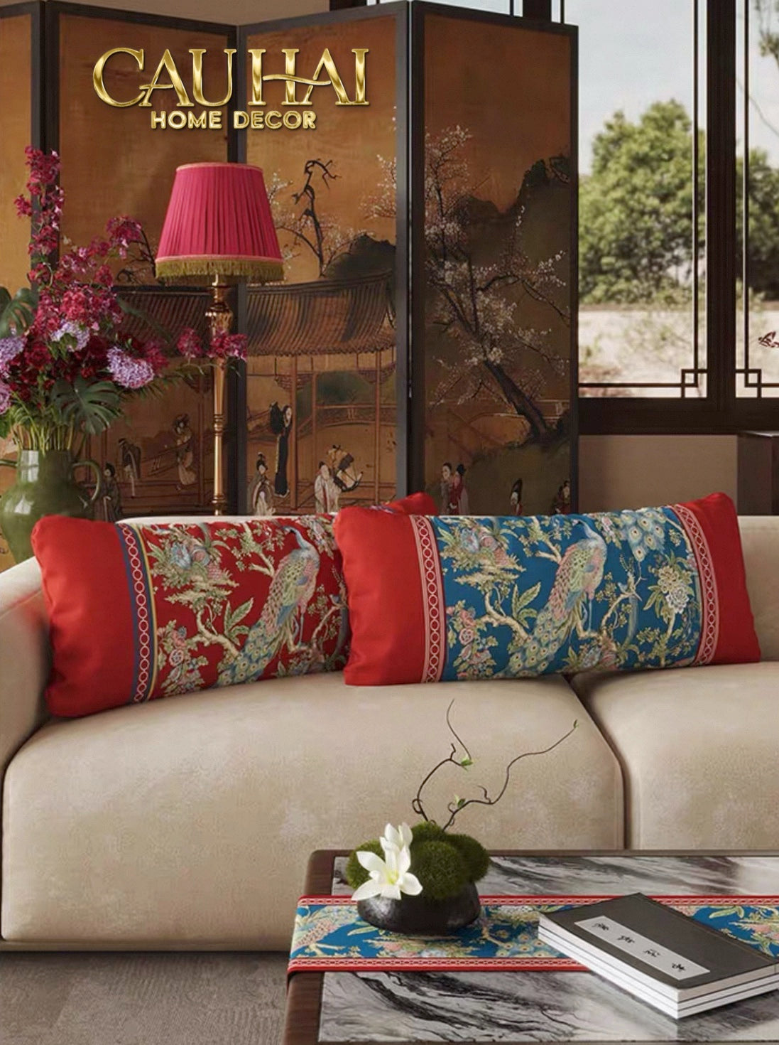 Tết Couture - Gối Nhung Dài - Cẩm Viên Phụng Uyển 35x100 - CẬU HAI HOME DECOR