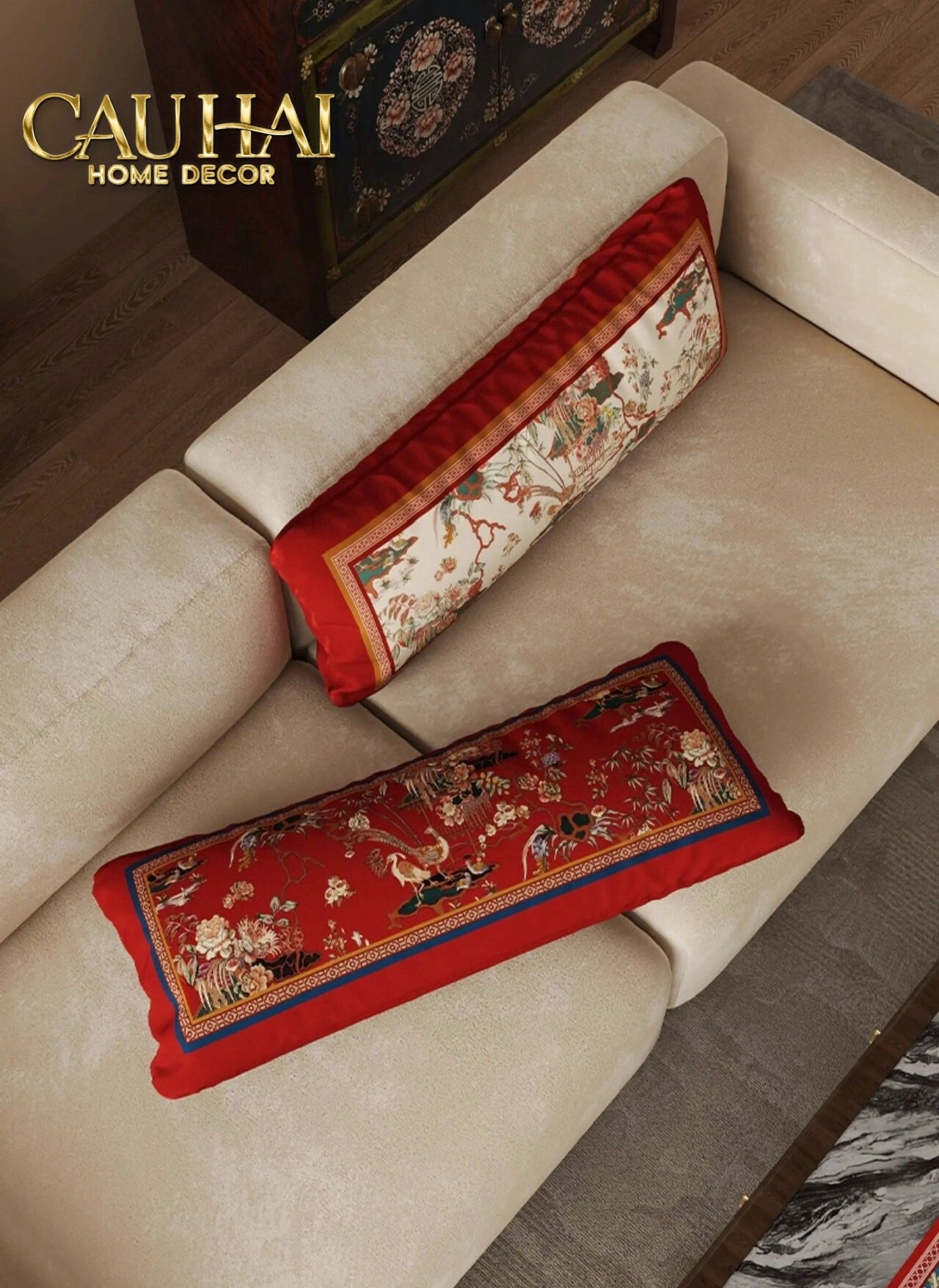 Tết Couture - Gối Nhung Dài - Cẩm Viên Phụng Uyển 35x100 - CẬU HAI HOME DECOR