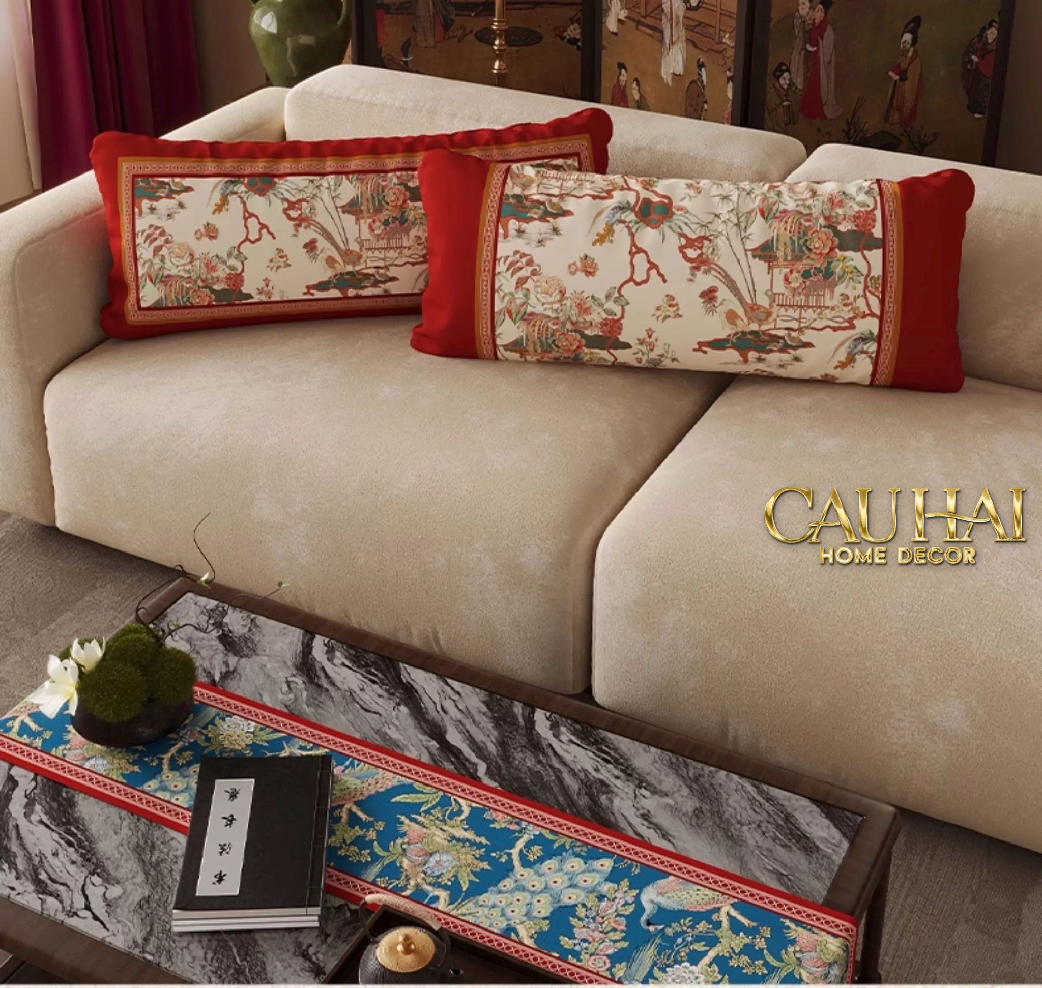 Tết Couture - Gối Nhung Dài - Cẩm Viên Phụng Uyển 35x100 - CẬU HAI HOME DECOR