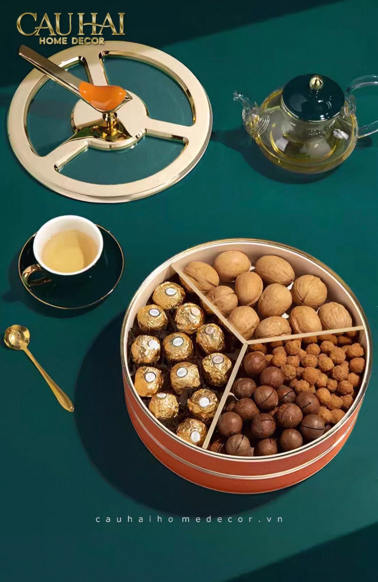 Tết Couture - Hộp Bánh Mứt 2 Tầng Bản Đặc Biệt Da Cam - Golden Bird Royale - Sienna Leather 26x19-CẬU HAI HOME DECOR