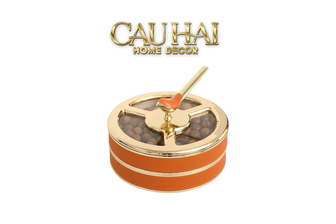 Tết Couture - Hộp Bánh Mứt 2 Tầng Bản Đặc Biệt Da Cam - Golden Bird Royale - Sienna Leather 26x19-CẬU HAI HOME DECOR