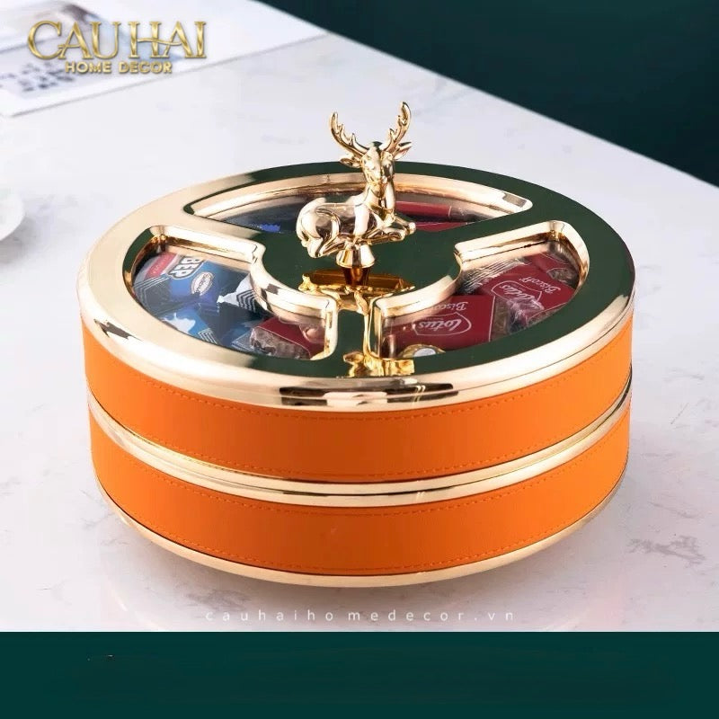 Tết Couture - Hộp Bánh Mứt 2 Tầng Hươu Bản Da Cam Boîte Exquise - Sienna Leather 26x21-CẬU HAI HOME DECOR