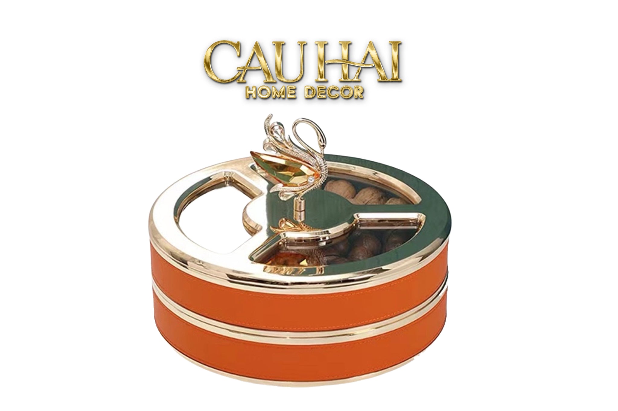 Tết Couture - Hộp Bánh Mứt Thiên Nga 2 Tầng Jewelry Swan Solitaire Vermilion Patina 26x21-CẬU HAI HOME DECOR