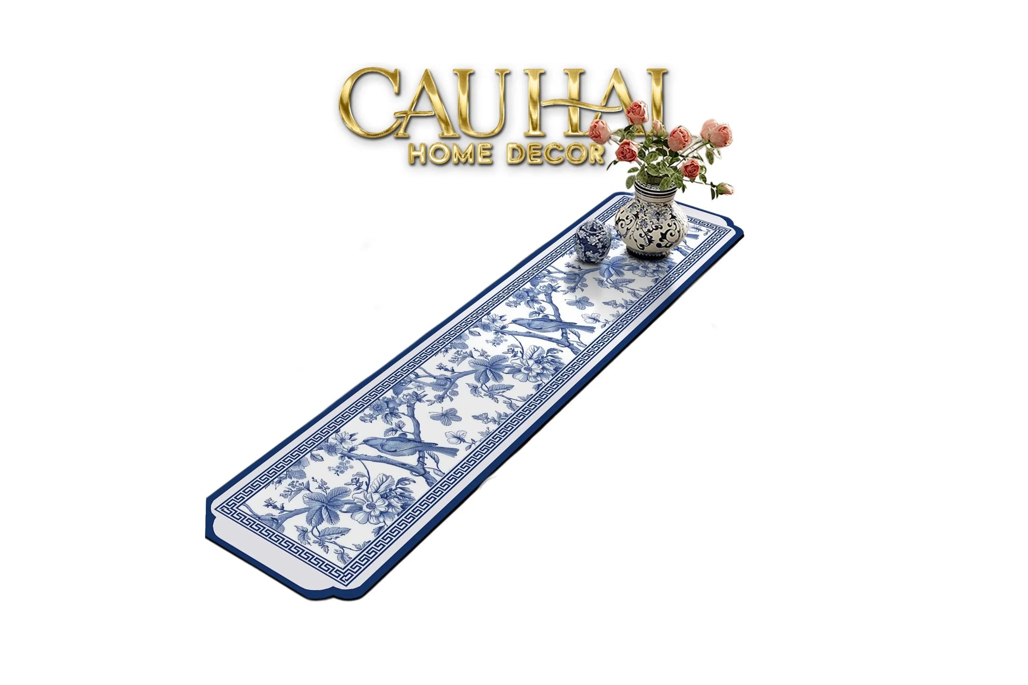 Tết Couture - Khăn Trải Bàn Fiber 30X240 - Porcelain Revival Art - Indochine Oriental Jardin Table Runner-CẬU HAI HOME DECOR