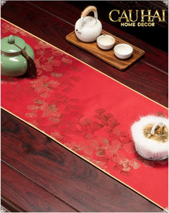 Tết Couture - Khăn Trải Bàn Kim Diệp Hoàng Ngân 2m4 Luxury Embroidered Silk Table Runner-CẬU HAI HOME DECOR