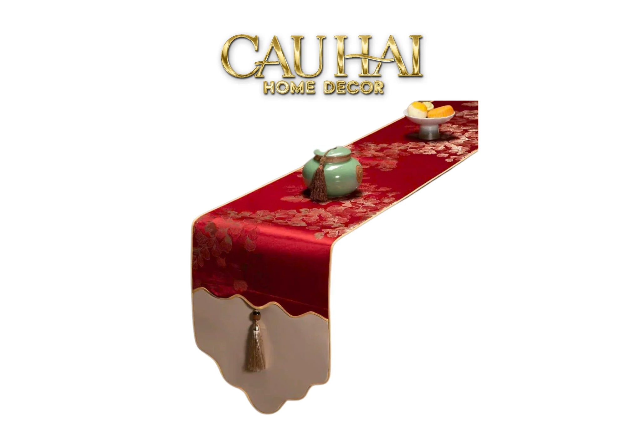 Tết Couture - Khăn Trải Bàn Kim Diệp Hoàng Ngân 2m4 Luxury Embroidered Silk Table Runner-CẬU HAI HOME DECOR