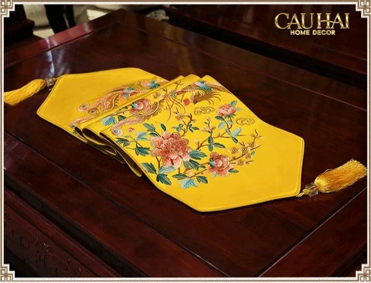 Tết Couture - Khăn Trải Bàn Kim Loan Tường Hoà 2m1x33 Luxury Embroidered Silk Table Runner-KHĂN TRẢI BÀN-CẬU HAI HOME DECOR