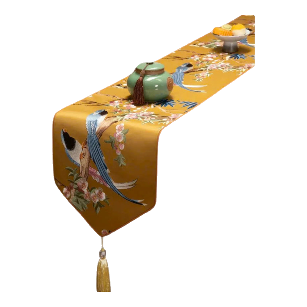 Tết Couture - Khăn Trải Bàn Lụa Thêu Kim Hoàng  Điểu  2m4 Luxury Embroidered Silk Table Runner