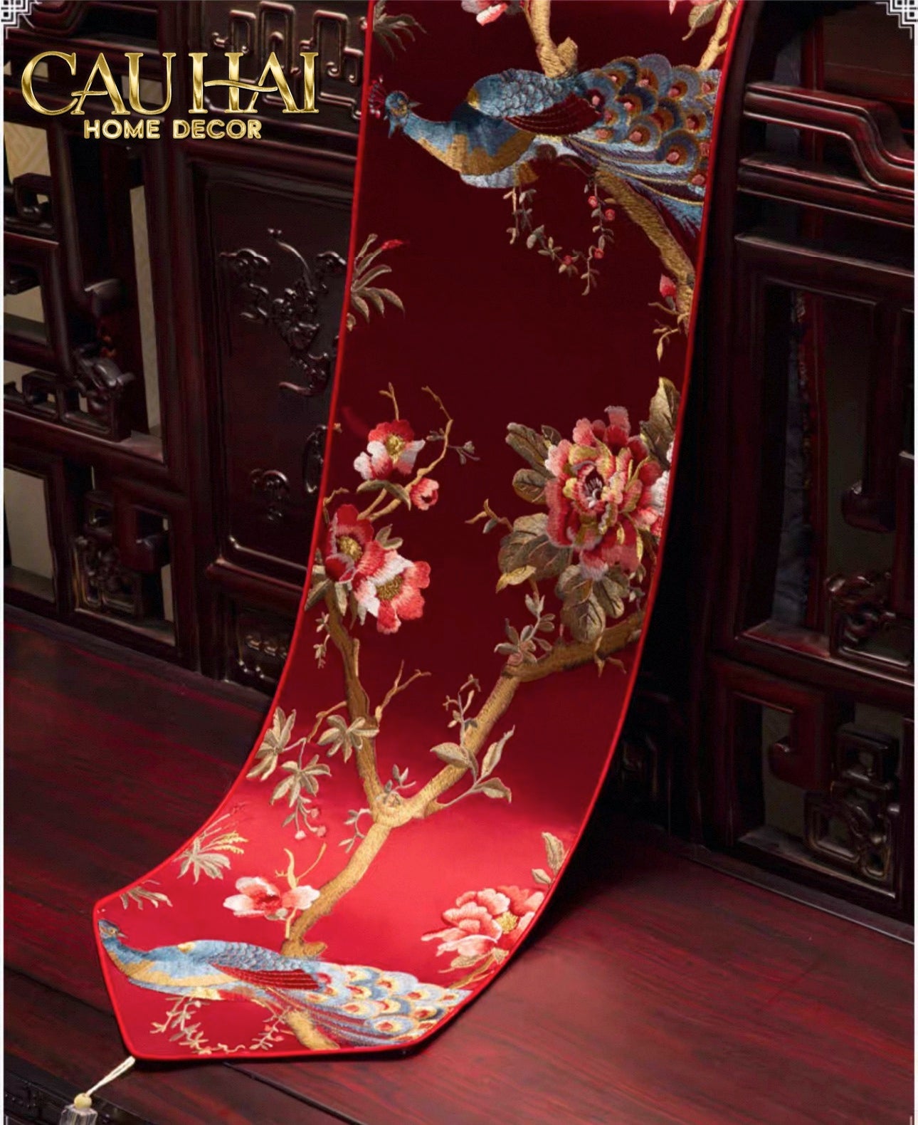 Tết Couture - Khăn Trải Bàn Lụa Thêu Chu Tước 2m4 - CẬU HAI HOME DECOR