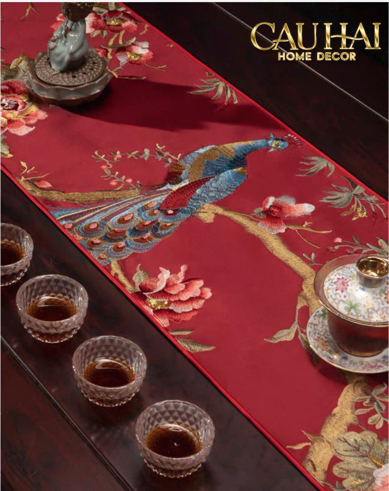 Tết Couture - Khăn Trải Bàn Lụa Thêu Chu Tước 2m4 - CẬU HAI HOME DECOR