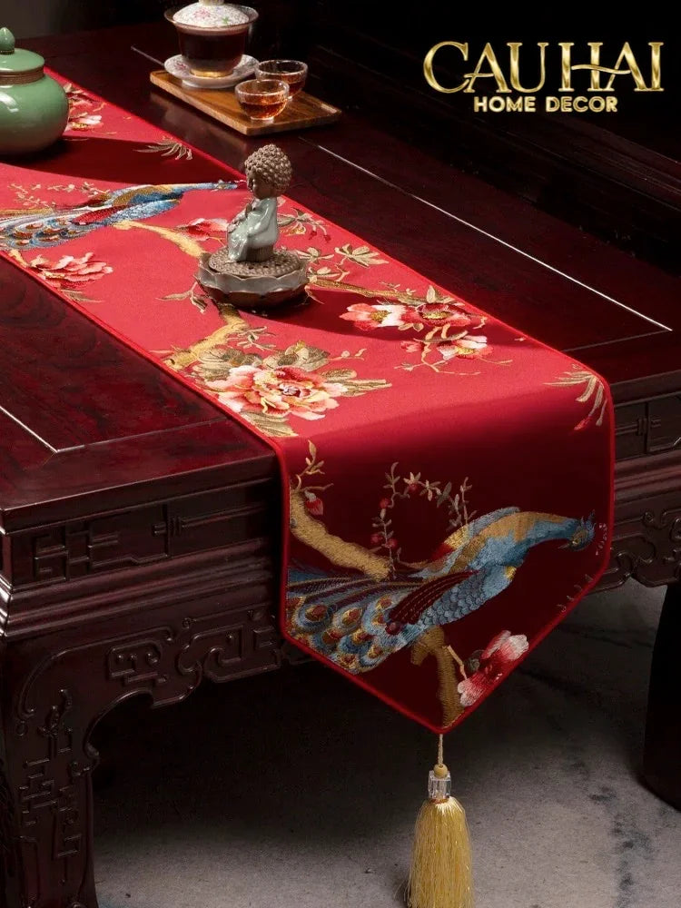 Tết Couture - Khăn Trải Bàn Lụa Thêu Chu Tước 2m4 Luxury Embroidered Silk Table Runner-CẬU HAI HOME DECOR