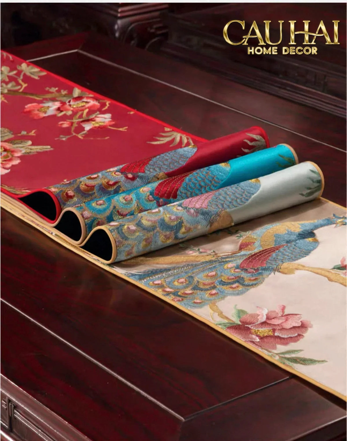 Tết Couture - Khăn Trải Bàn Lụa Thêu Chu Tước 2m4 Luxury Embroidered Silk Table Runner-KHĂN TRẢI BÀN-CẬU HAI HOME DECOR