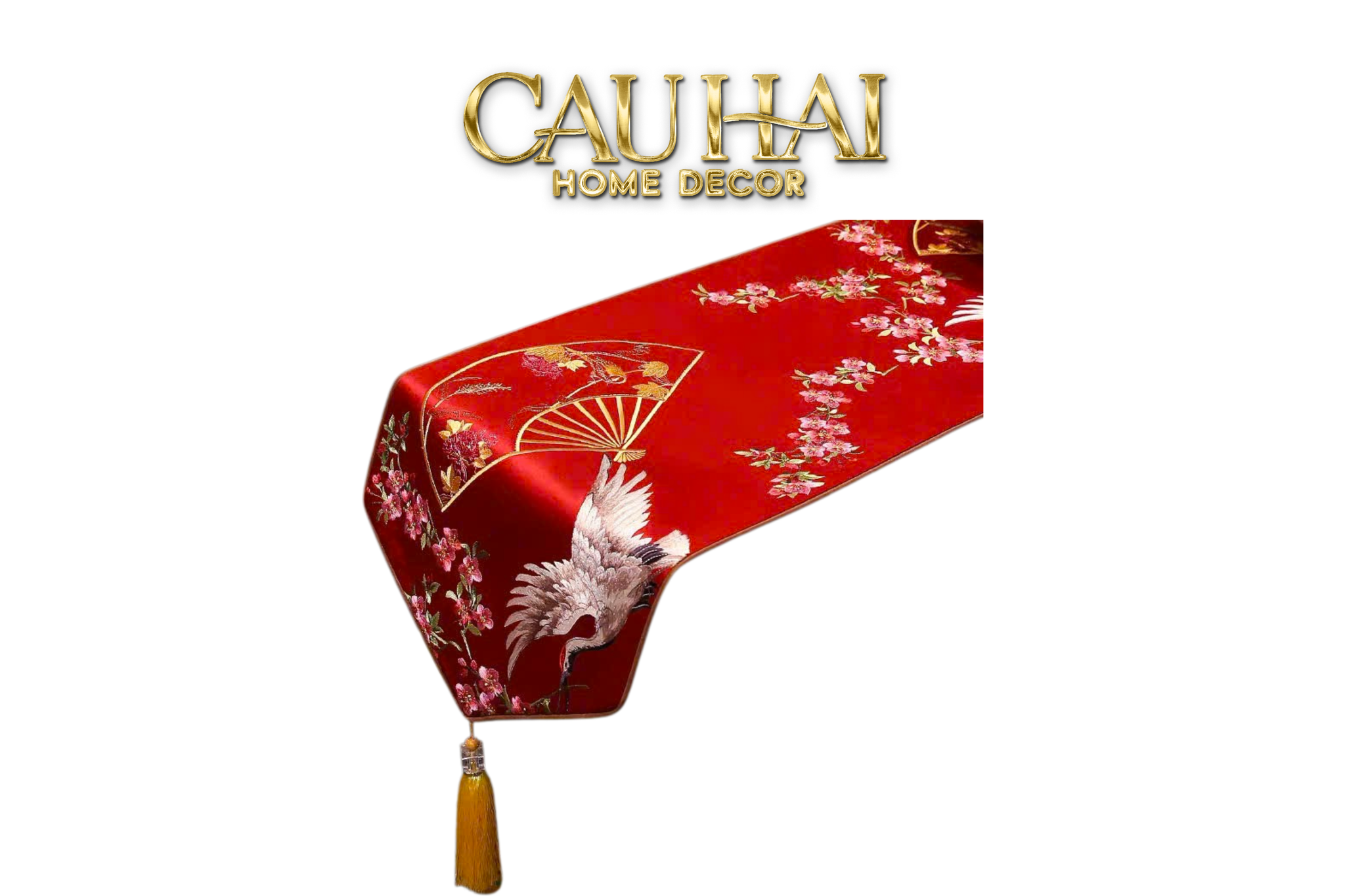 Tết Couture - Khăn Trải Bàn Lụa Thêu Hỷ Hạc Vũ 2m1x33 - CẬU HAI HOME DECOR