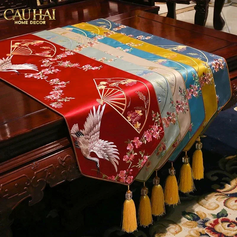 Tết Couture - Khăn Trải Bàn Lụa Thêu Hỷ Hạc Vũ 2m1x33 Luxury Embroidered Silk Table Runner-KHĂN TRẢI BÀN-CẬU HAI HOME DECOR