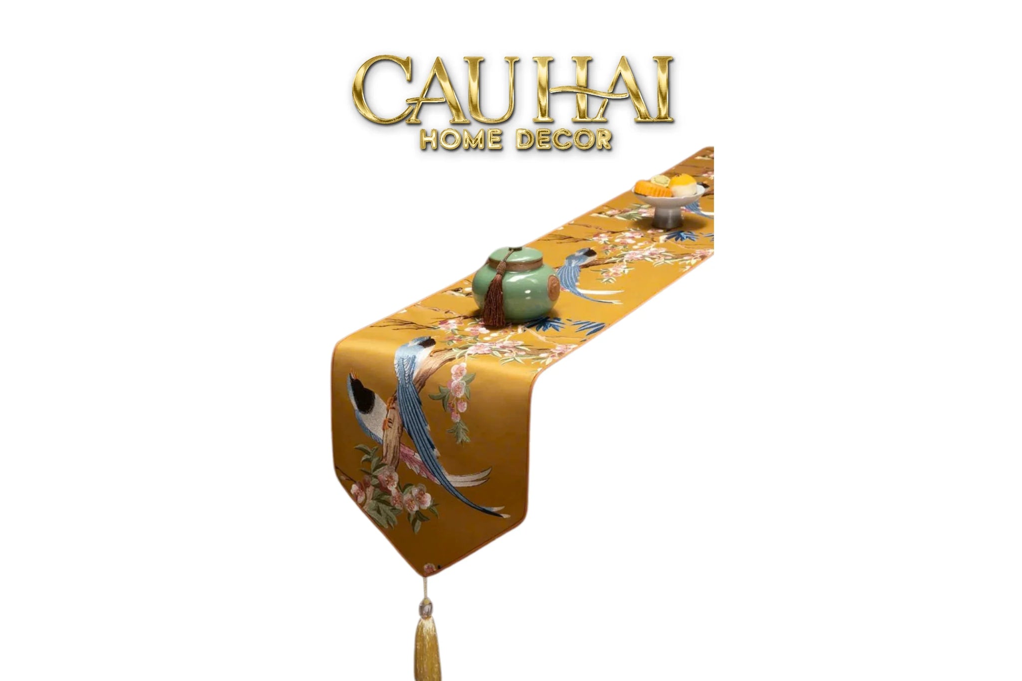 Tết Couture - Khăn Trải Bàn Lụa Thêu Kim Hoàng Điểu 2m4 Luxury Embroidered Silk Table Runner-CẬU HAI HOME DECOR