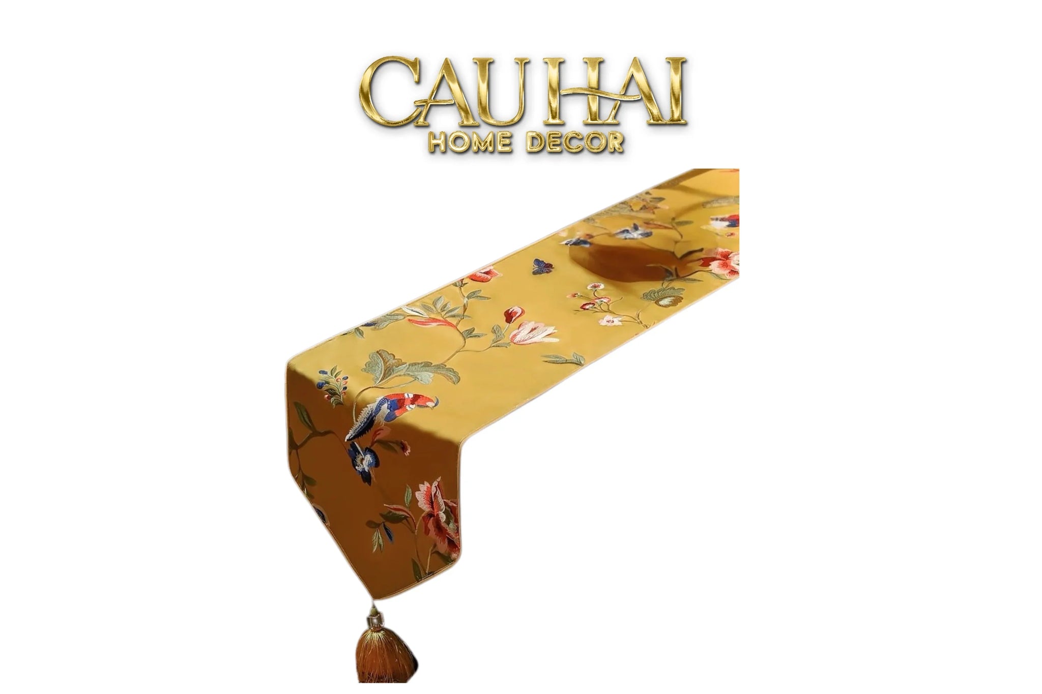 Tết Couture - Khăn Trải Bàn Lụa Thêu Kim Nhã Cầm 3M Luxury Embroidered Silk Table Runnerx-CẬU HAI HOME DECOR