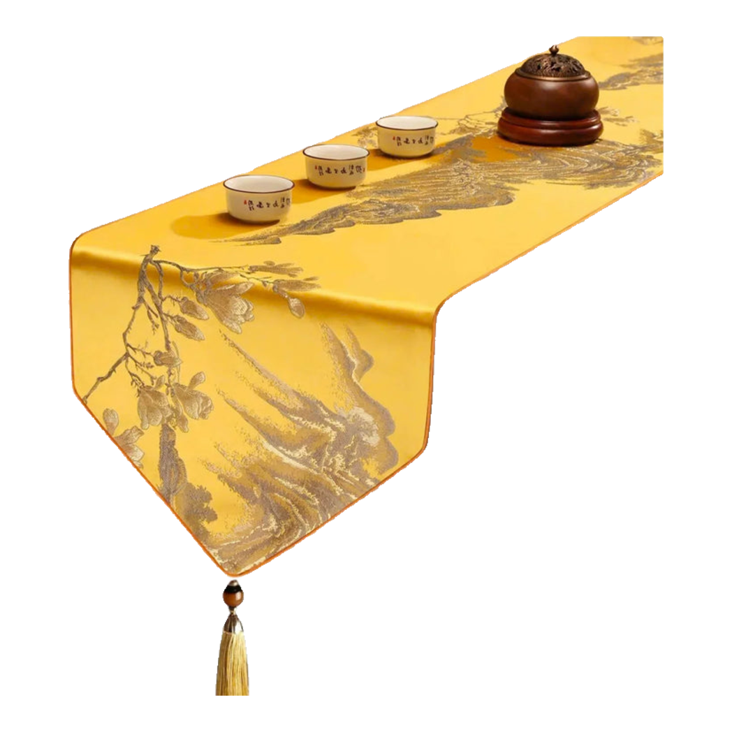 Tết Couture - Khăn Trải Bàn Lụa Thêu Kim Sơn Thuỷ Đồ 2m7 & 3m Table Runner