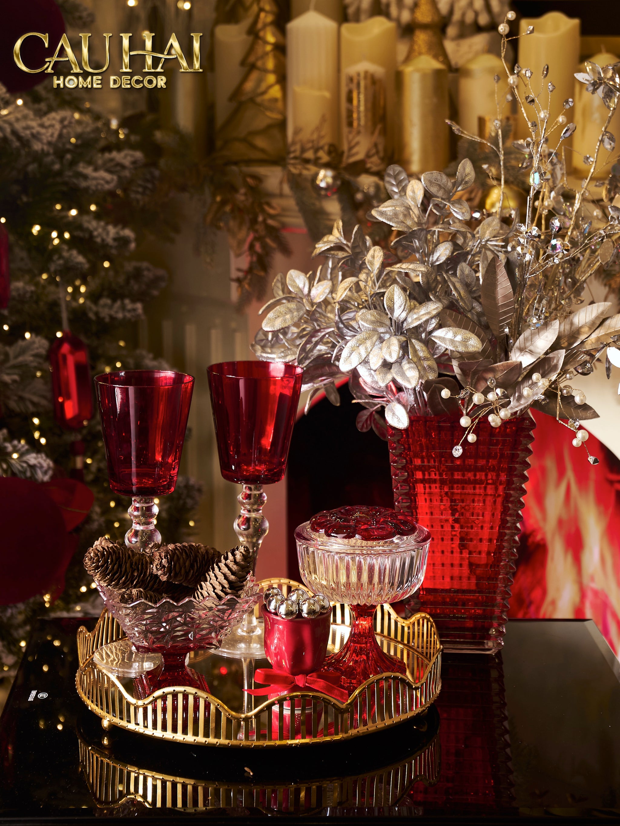 Tết Couture - Lọ Kẹo Thuỷ Tinh Ruby Flora Jello Bonbonnière - CẬU HAI HOME DECOR