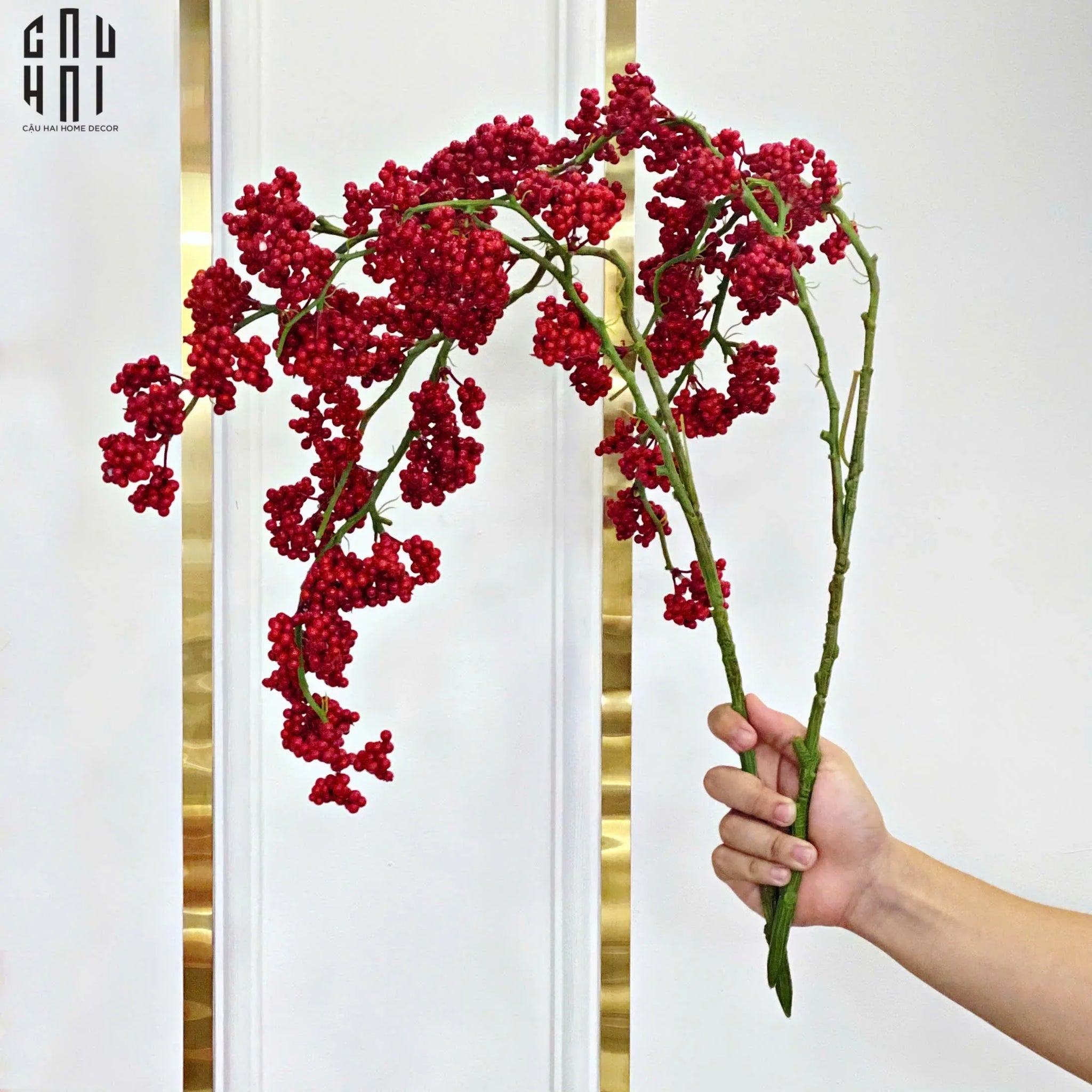 Tết Couture - Set 2 Cành Đào Đông Petite Grappe Rouge D’Hiver-Hoa Lụa-CẬU HAI HOME DECOR