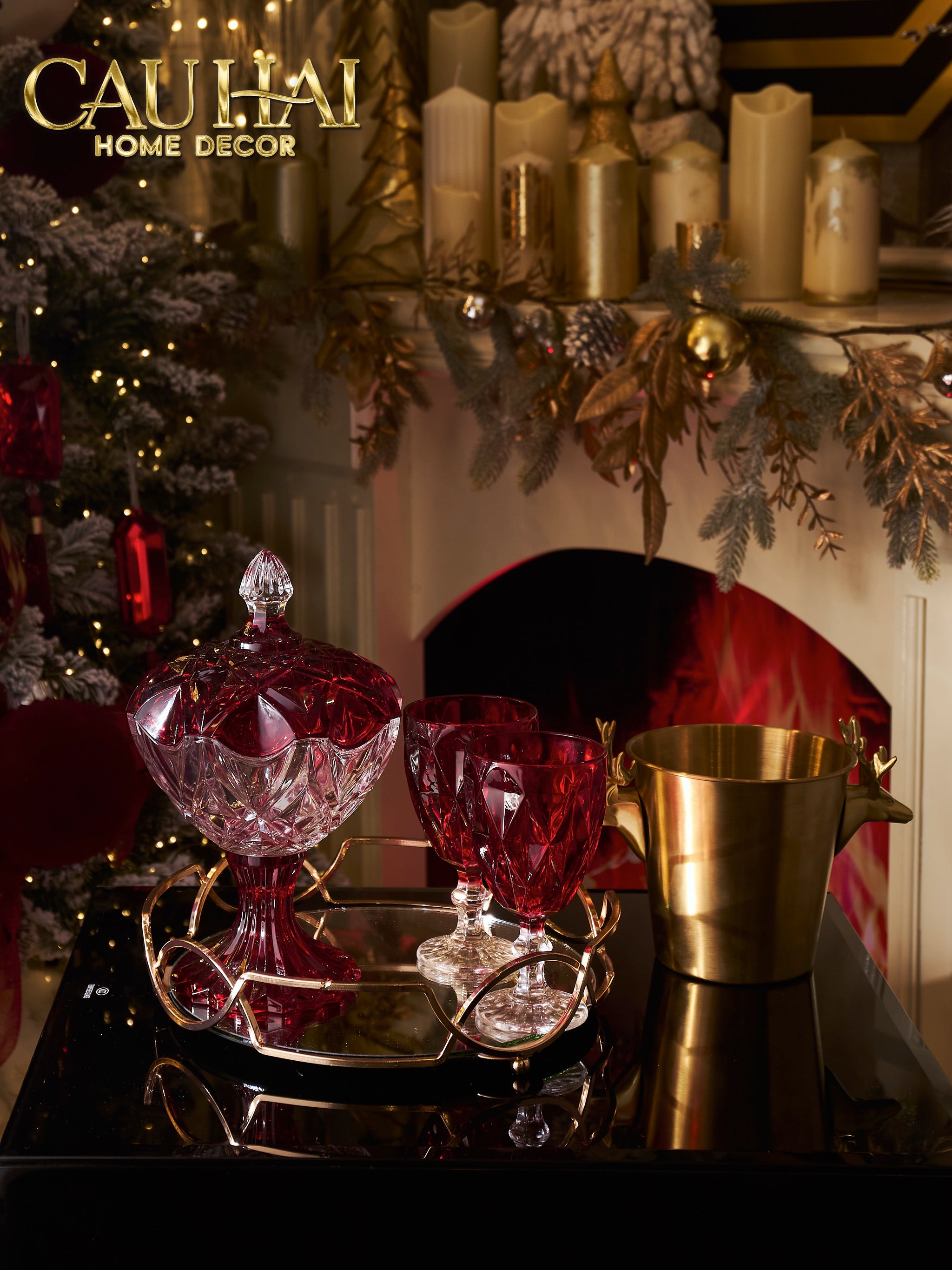 Tết Couture - Set 2 Lọ Thuỷ Tinh Ruby Candy Lumiere Plateau - CẬU HAI HOME DECOR