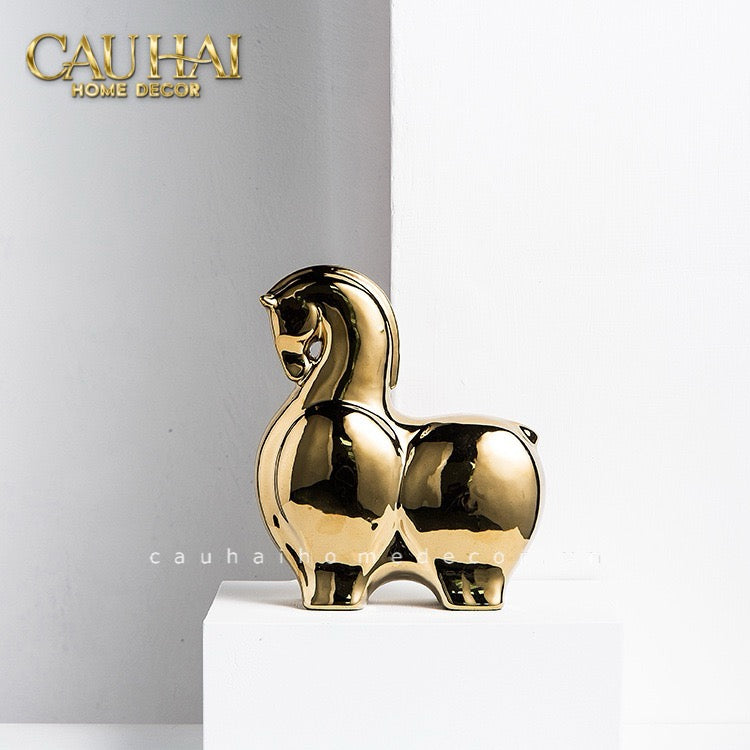 Tết Couture - Set 2 Tượng Ngựa Gốm Golden Cheval Gardien de Fortune H22/25 - CẬU HAI HOME DECOR