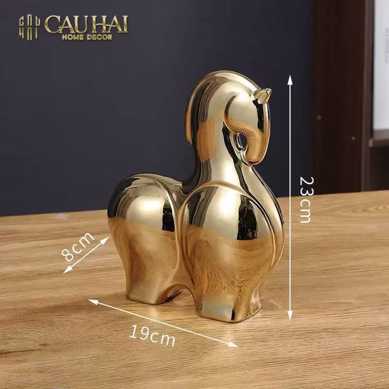 Tết Couture - Set 2 Tượng Ngựa Gốm Golden Cheval Gardien de Fortune H22/25 - CẬU HAI HOME DECOR