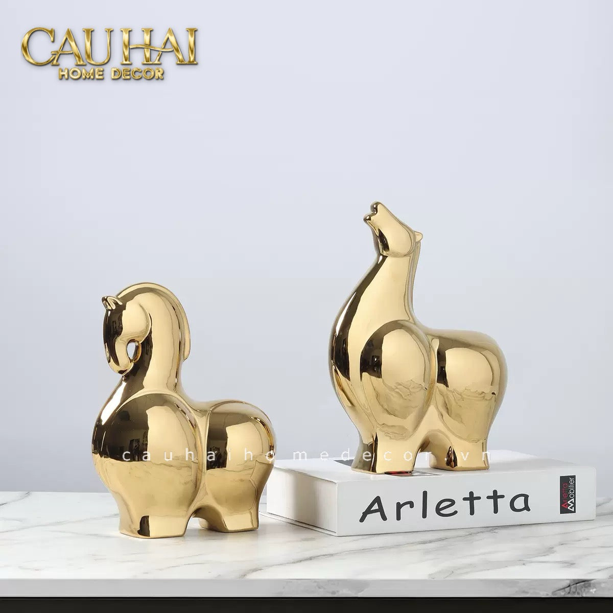 Tết Couture - Set 2 Tượng Ngựa Gốm Golden Cheval Gardien de Fortune H22/25 - CẬU HAI HOME DECOR