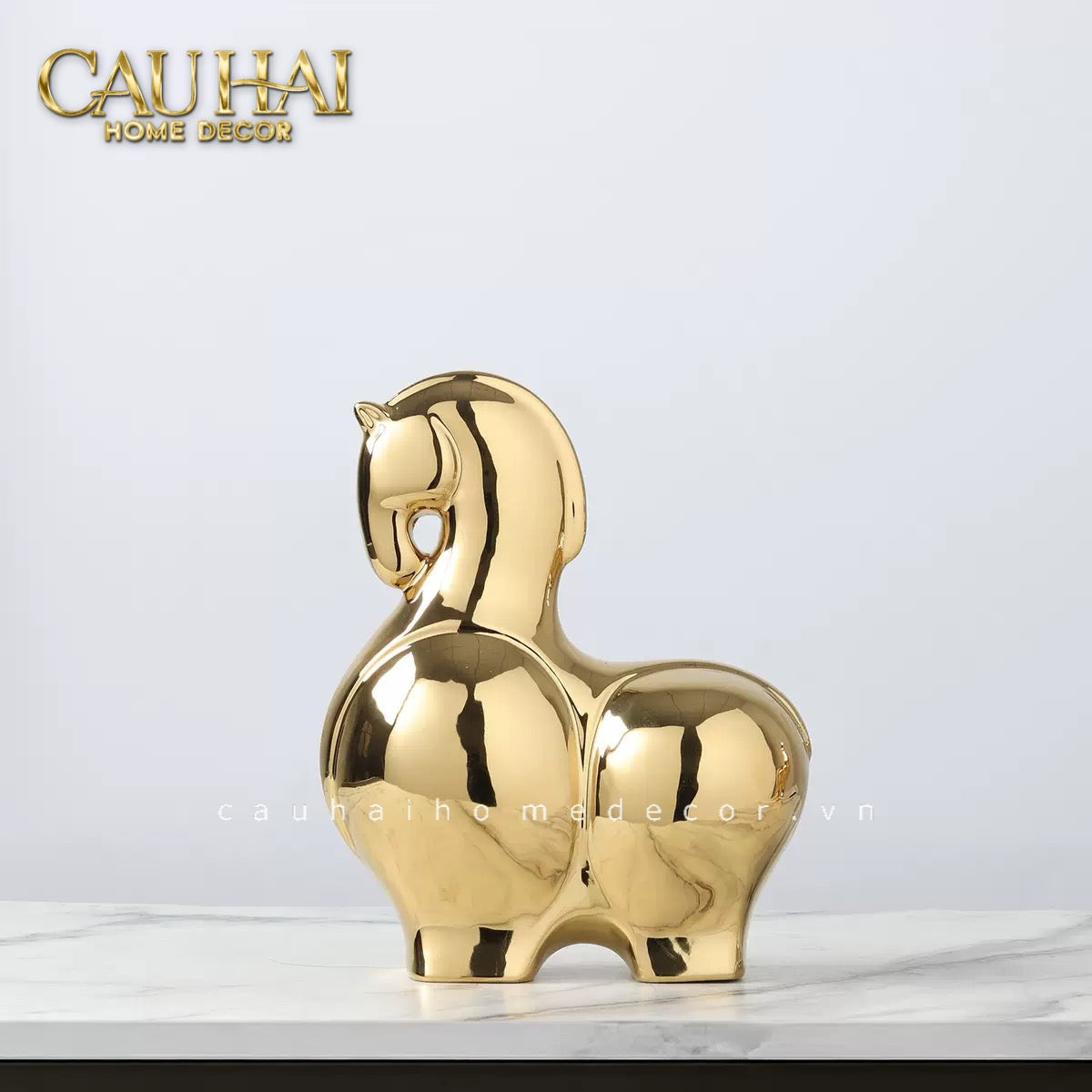 Tết Couture - Set 2 Tượng Ngựa Gốm Golden Cheval Gardien de Fortune H22/25 - CẬU HAI HOME DECOR