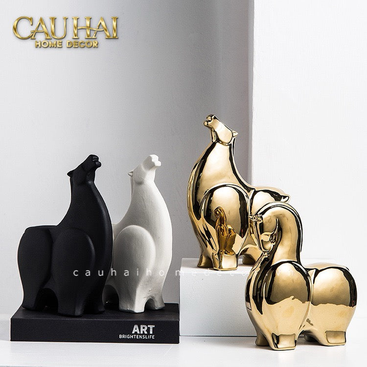Tết Couture - Set 2 Tượng Ngựa Gốm Golden Cheval Gardien de Fortune H22/25 - CẬU HAI HOME DECOR